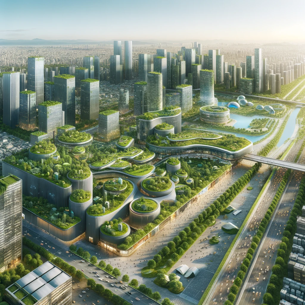 A futuristic cityscape in 2024 featuring eco-friendly urban design, with an aerial view of modern buildings surrounded by lush greenery, including green roofs and living walls. The city combines advanced, energy-efficient architecture with sustainable public parks, embodying groundbreaking innovations in harmonious urban development and eco-sustainability.