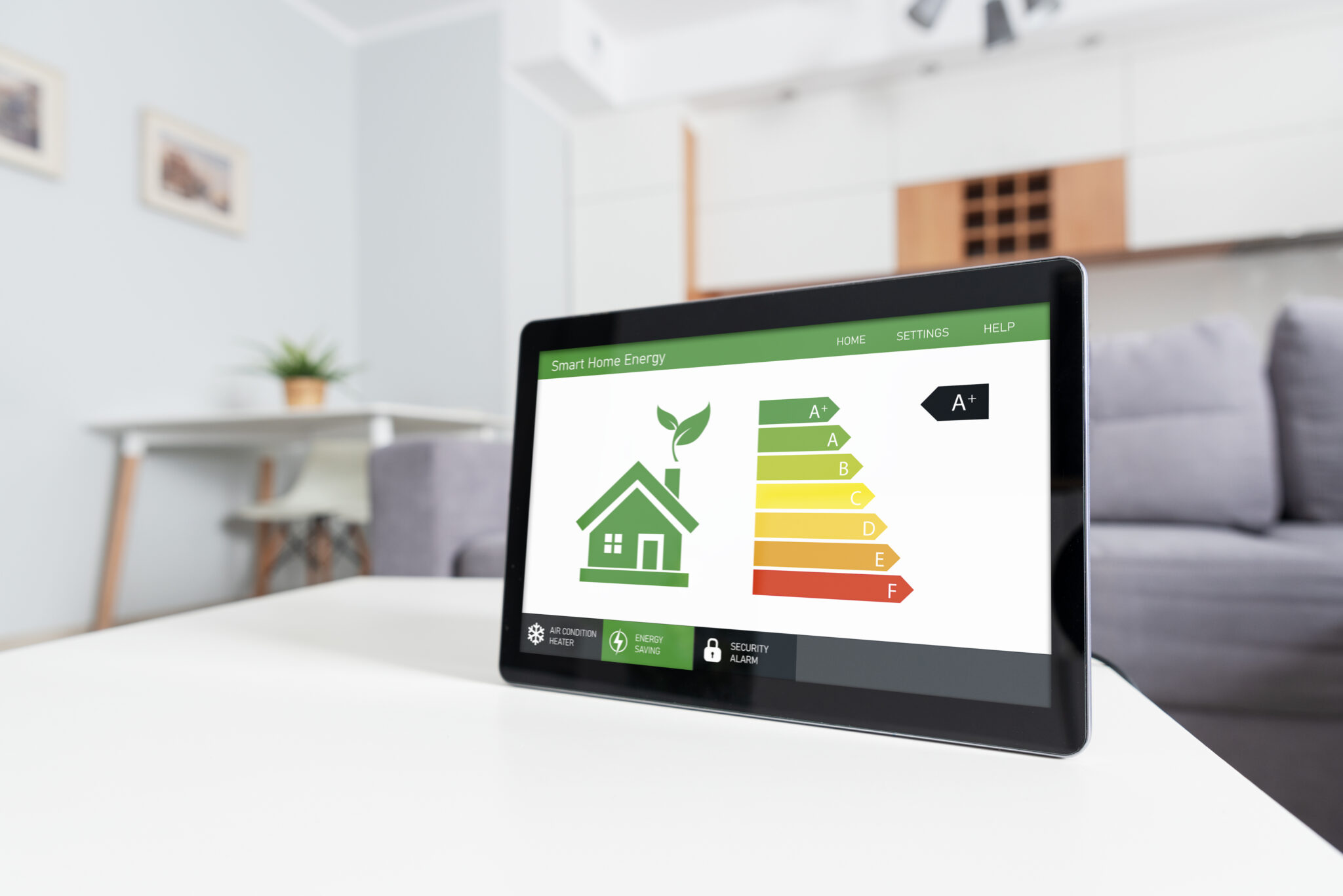 An energy efficiency rating displayed on a tablet in a modern home setting, showcasing Sustainable Home Improvements and Smart Home Technology for energy conservation.