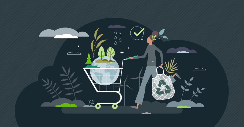 Stylized illustration of a person shopping sustainably, pushing a cart filled with the Earth and plants, representing community-driven zero-waste initiatives and eco-friendly waste reduction