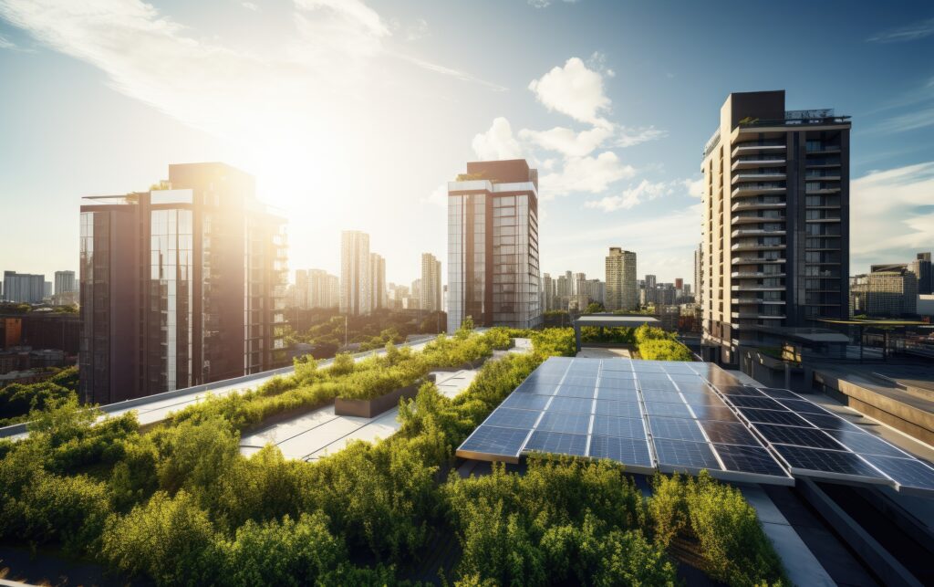 Urban park with lush green trees and grass in a cityscape, showcasing a harmonious blend of nature and modern urban buildings in the background, symbolizing sustainable urban planning and the positive impact of green spaces in eco-cities.