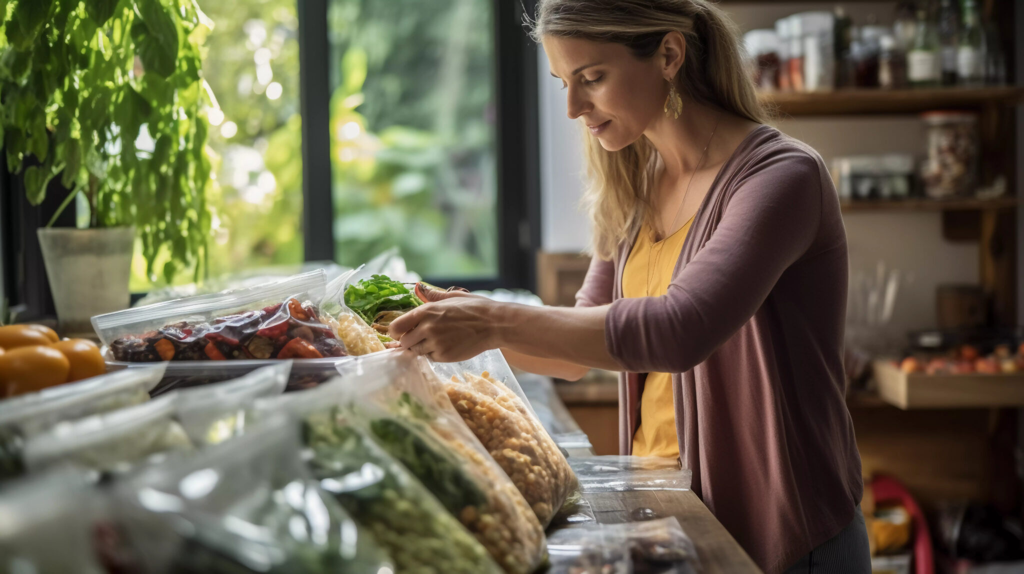 Conscientious woman preparing a zero-waste meal, using reusable bags to store fresh produce and grains, embodying sustainable living practices in her eco-friendly kitchen